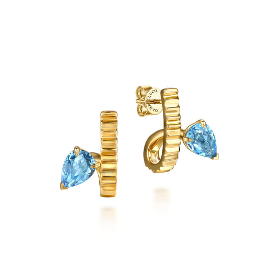Gabriel - 14K Yellow Gold Pear Shape Blue Topaz and Diamond Cut J-Hoop Earrings