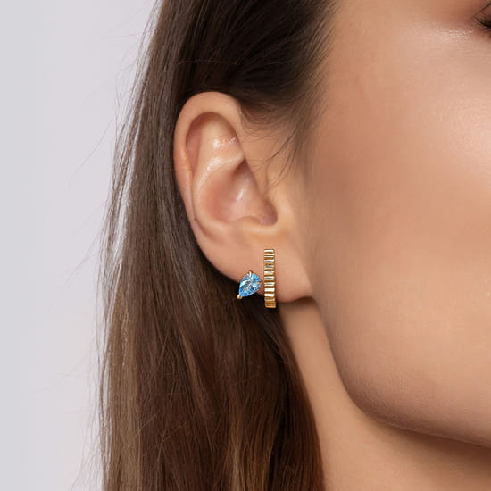 14K Yellow Gold Pear Shape Blue Topaz and Diamond Cut J-Hoop Earrings angle 2