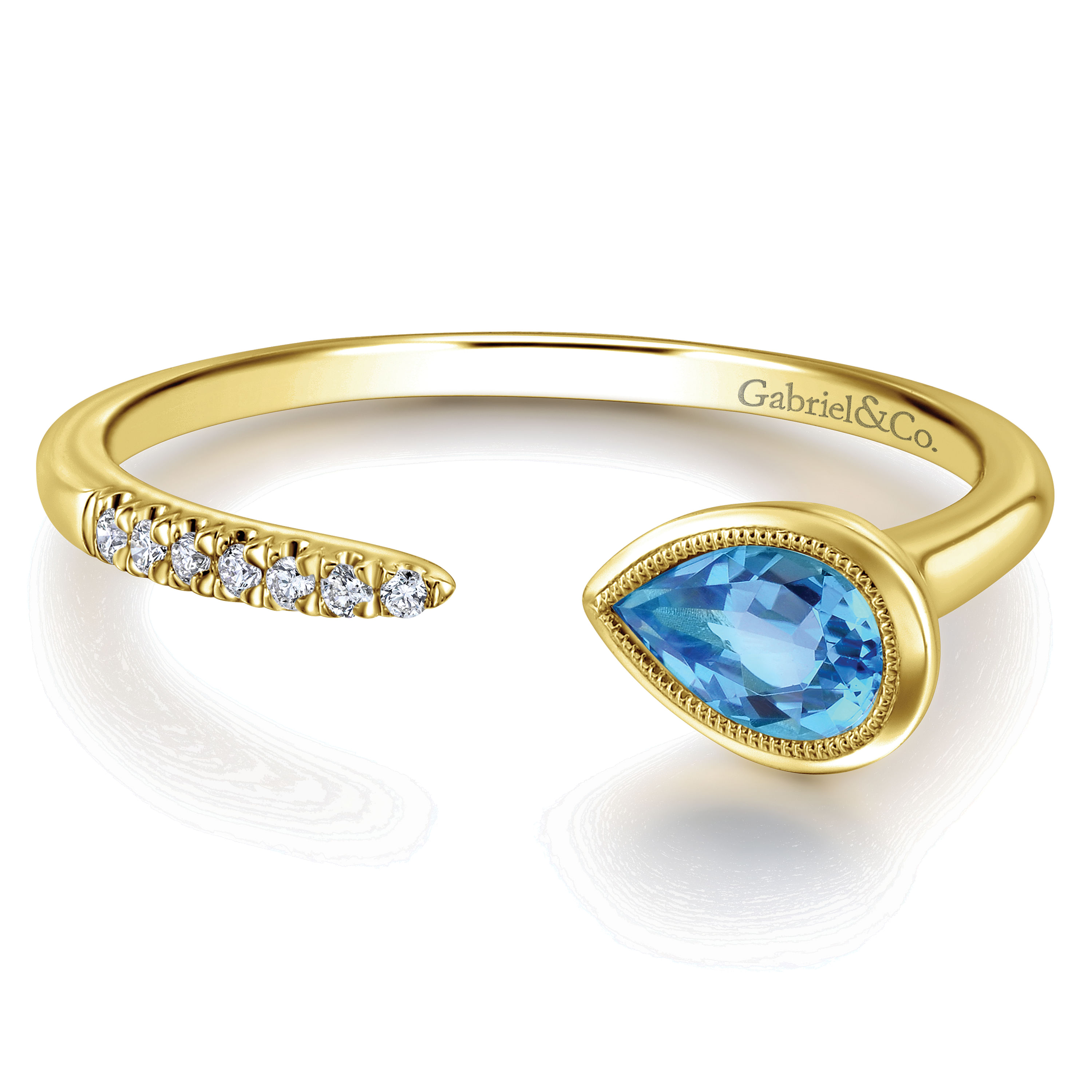 14K Yellow Gold Pear Shape Blue Topaz and Diamond Split Ring