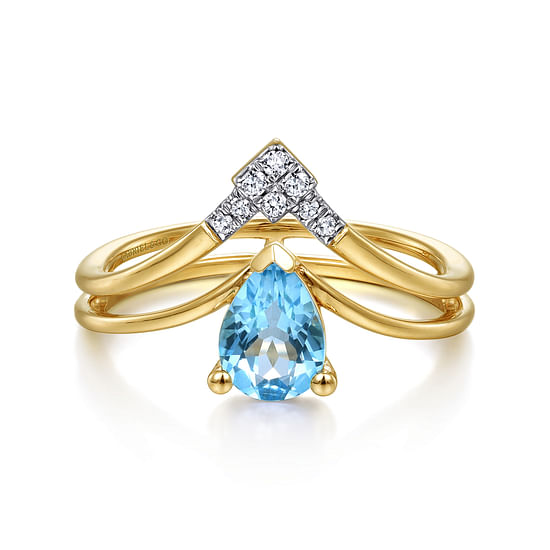 Gabriel - 14K Yellow Gold Pear Shape Blue Topaz and Diamond V Ring