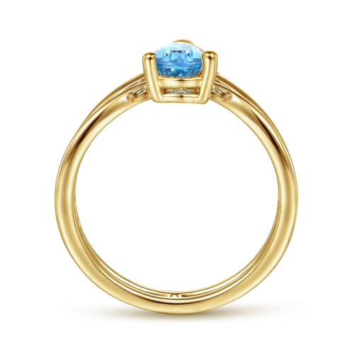 14K Yellow Gold Pear Shape Blue Topaz and Diamond V Ring