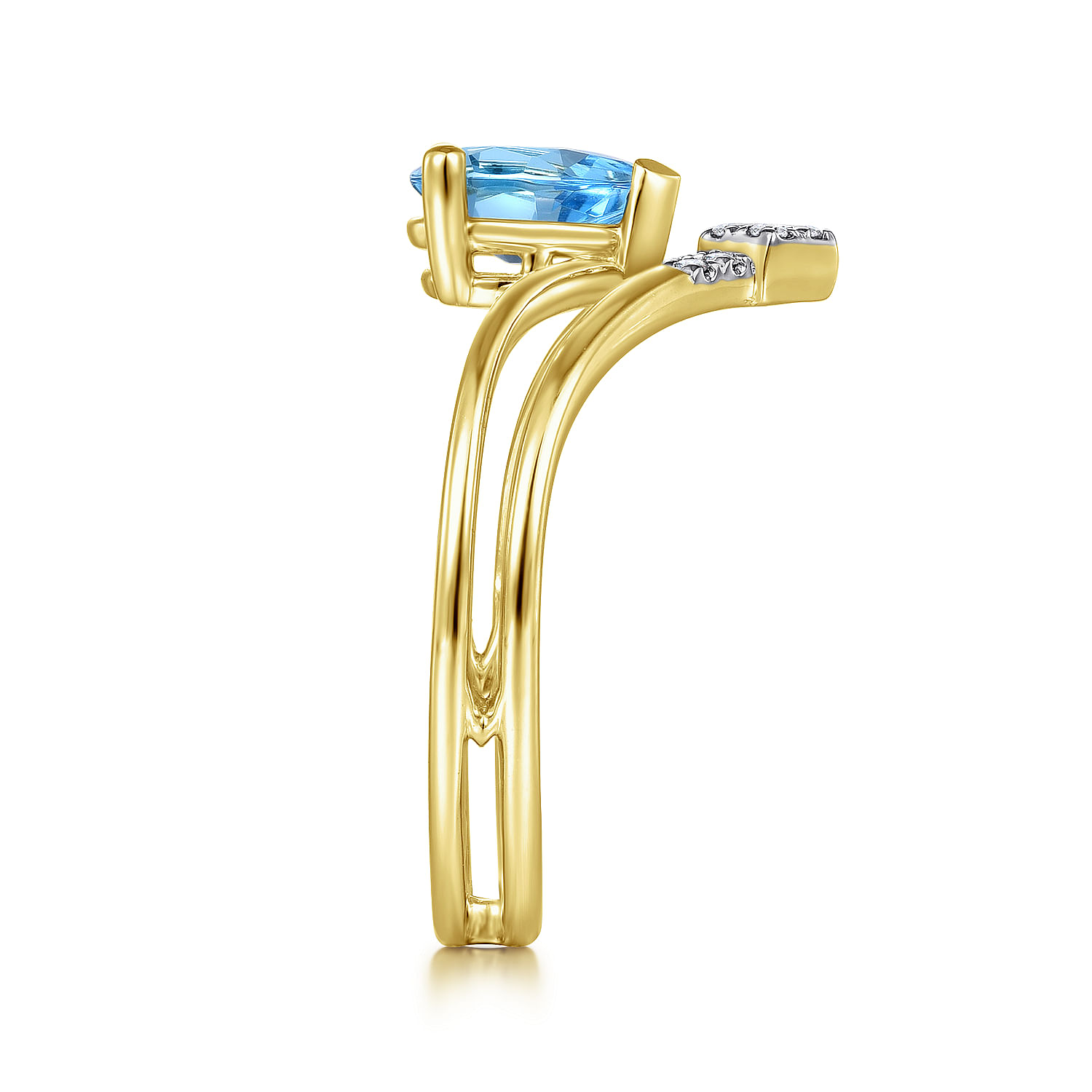 14K Yellow Gold Pear Shape Blue Topaz and Diamond V Ring
