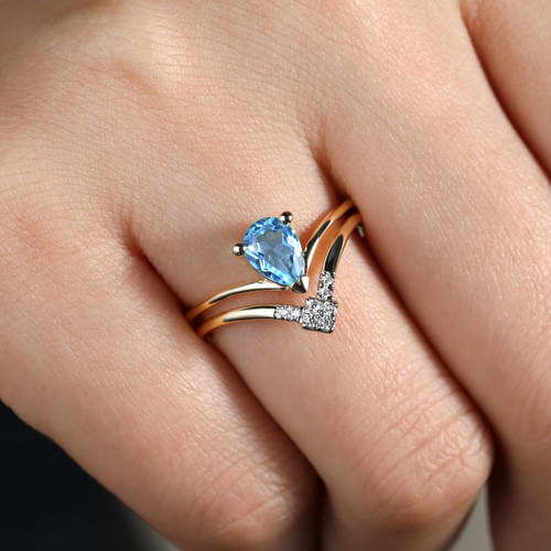 14K Yellow Gold Pear Shape Blue Topaz and Diamond V Ring