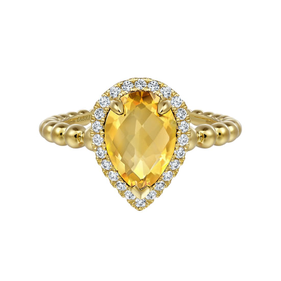 Gabriel - 14K Yellow Gold Pear Shape Citrine with Diamond Halo Ring