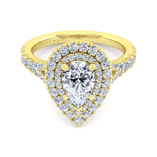 Gabriel - 14K Yellow Gold Pear Shape Double Halo Diamond Engagement Ring