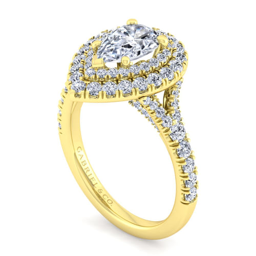 14K Yellow Gold Pear Shape Double Halo Diamond Engagement Ring