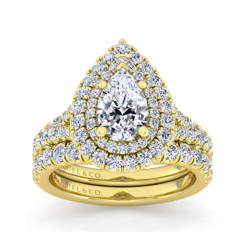14K Yellow Gold Pear Shape Double Halo Diamond Engagement Ring