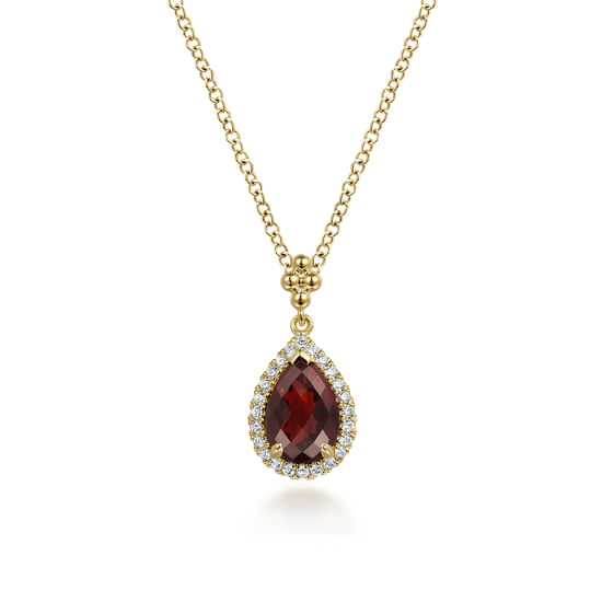 Gabriel - 14K Yellow Gold Pear Shape Garnet with Diamond Halo Necklace