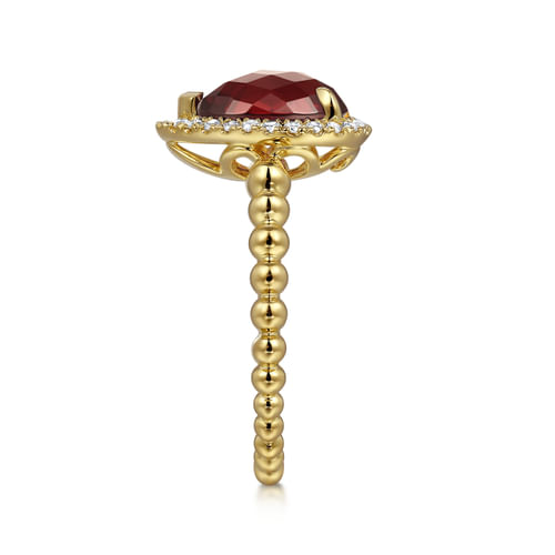 14K Yellow Gold Pear Shape Garnet with Diamond Halo Ring