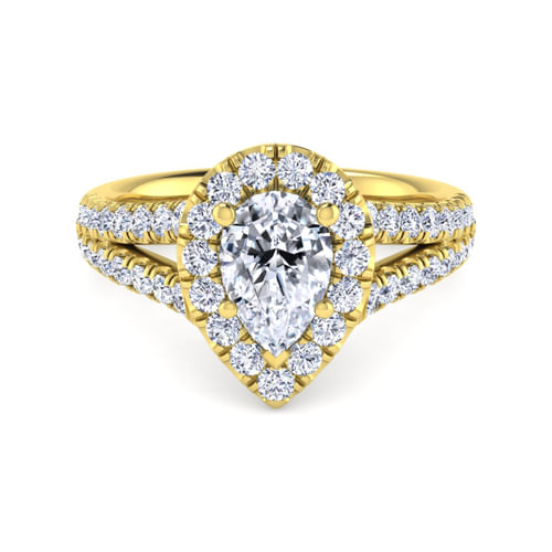14K Yellow Gold Pear Shape Halo Diamond Engagement Ring