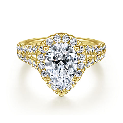 14K Yellow Gold Pear Shape Halo Diamond Engagement Ring