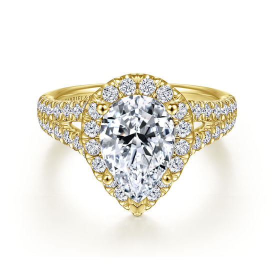 Gabriel - 14K Yellow Gold Pear Shape Halo Diamond Engagement Ring