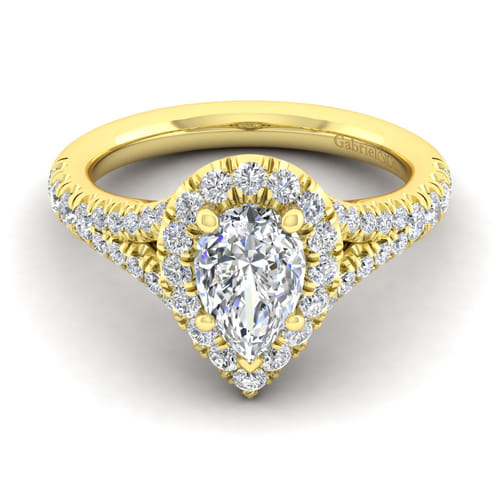 14K Yellow Gold Pear Shape Halo Diamond Engagement Ring