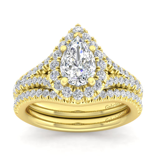 14K Yellow Gold Pear Shape Halo Diamond Engagement Ring