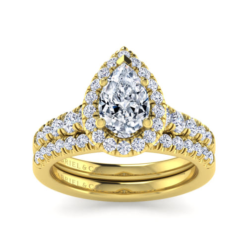 14K Yellow Gold Pear Shape Halo Diamond Engagement Ring