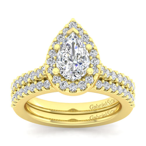 14K Yellow Gold Pear Shape Halo Diamond Engagement Ring