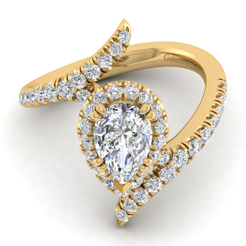 14K Yellow Gold Pear Shape Halo Diamond Engagement Ring
