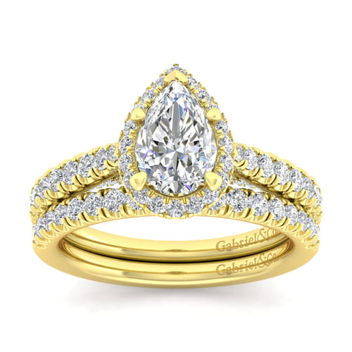 14K Yellow Gold Pear Shape Halo Diamond Engagement Ring