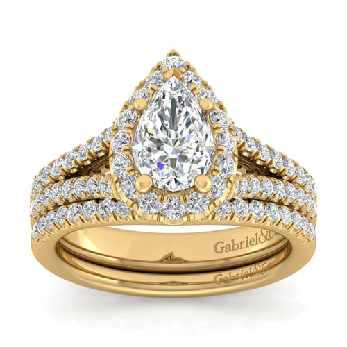 14K Yellow Gold Pear Shape Halo Diamond Engagement Ring