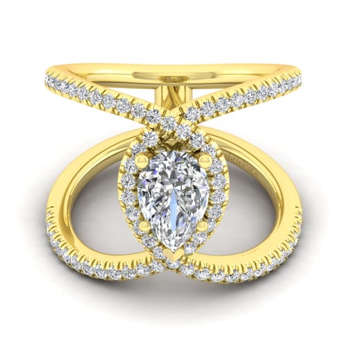 14K Yellow Gold Pear Shape Halo Diamond Engagement Ring