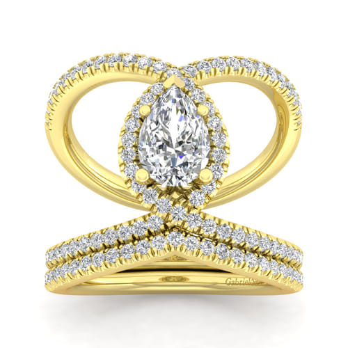 14K Yellow Gold Pear Shape Halo Diamond Engagement Ring