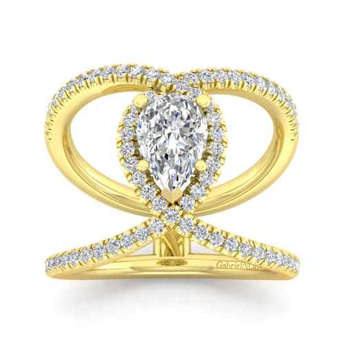 14K Yellow Gold Pear Shape Halo Diamond Engagement Ring