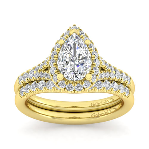 14K Yellow Gold Pear Shape Halo Diamond Engagement Ring