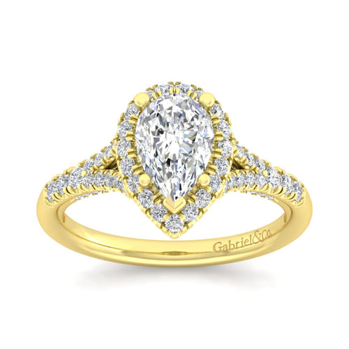 14K Yellow Gold Pear Shape Halo Diamond Engagement Ring