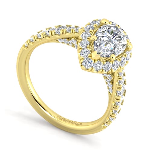 14K Yellow Gold Pear Shape Halo Diamond Engagement Ring