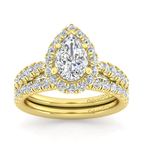 14K Yellow Gold Pear Shape Halo Diamond Engagement Ring