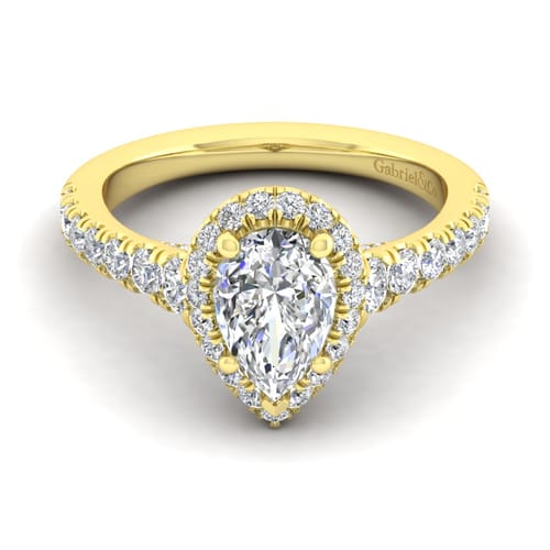 14K Yellow Gold Pear Shape Halo Diamond Engagement Ring
