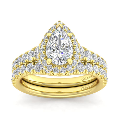 14K Yellow Gold Pear Shape Halo Diamond Engagement Ring