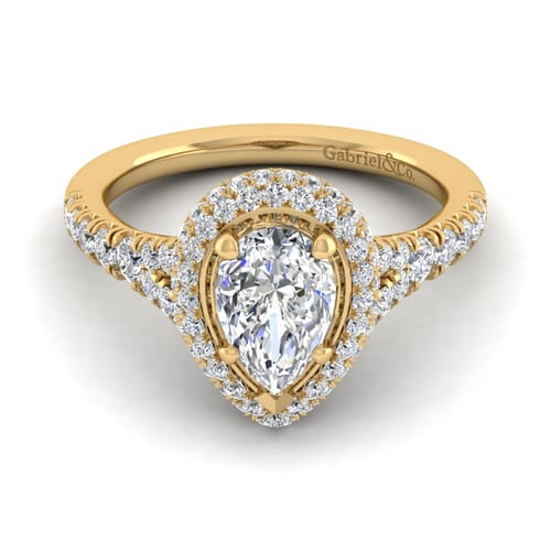14K Yellow Gold Pear Shape Halo Diamond Engagement Ring