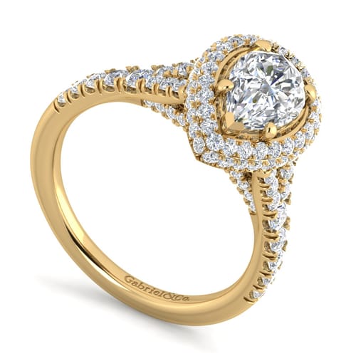 14K Yellow Gold Pear Shape Halo Diamond Engagement Ring