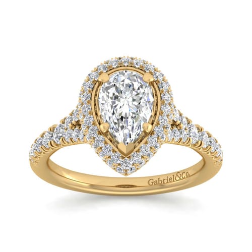 14K Yellow Gold Pear Shape Halo Diamond Engagement Ring