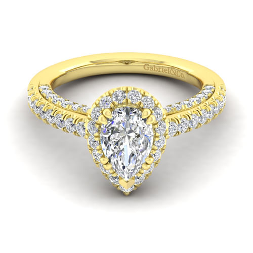 14K Yellow Gold Pear Shape Halo Diamond Engagement Ring