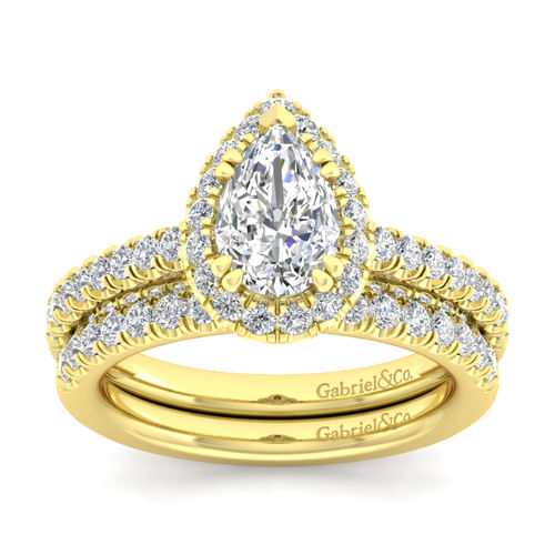 14K Yellow Gold Pear Shape Halo Diamond Engagement Ring