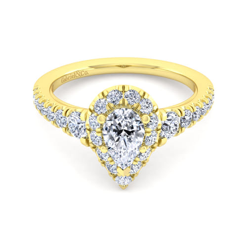 14K Yellow Gold Pear Shape Halo Diamond Engagement Ring