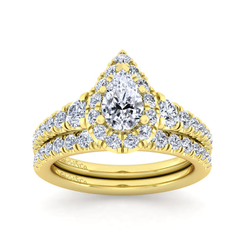 14K Yellow Gold Pear Shape Halo Diamond Engagement Ring