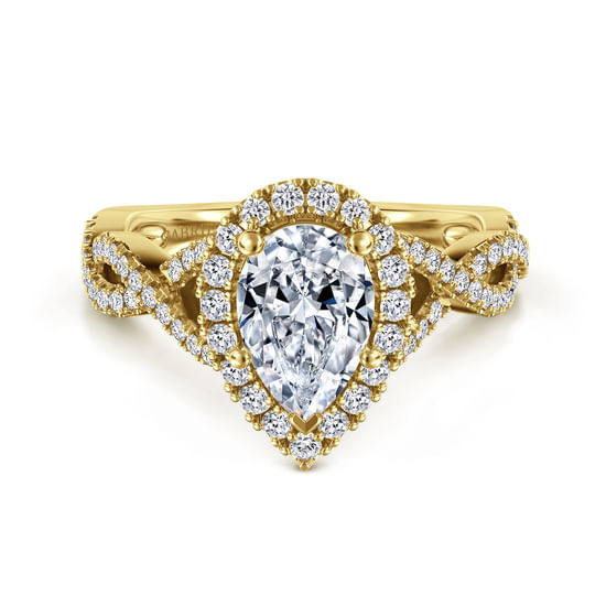 Gabriel - 14K Yellow Gold Pear Shape Halo Diamond Engagement Ring