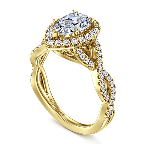 14K Yellow Gold Pear Shape Halo Diamond Engagement Ring