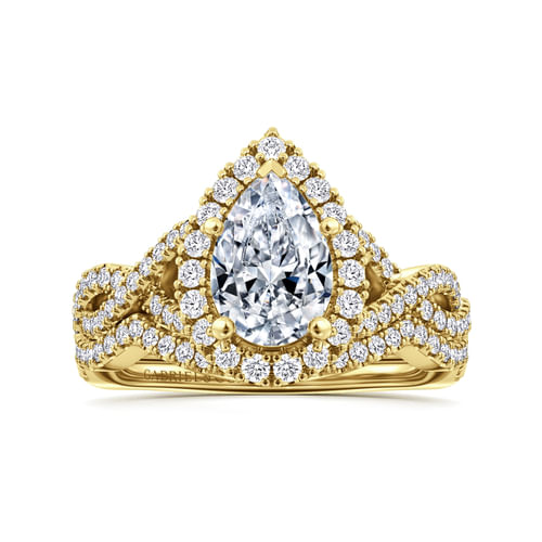 14K Yellow Gold Pear Shape Halo Diamond Engagement Ring