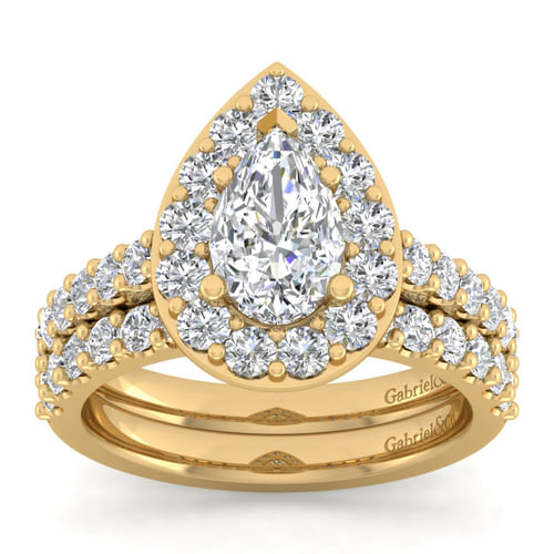 14K Yellow Gold Pear Shape Halo Diamond Engagement Ring