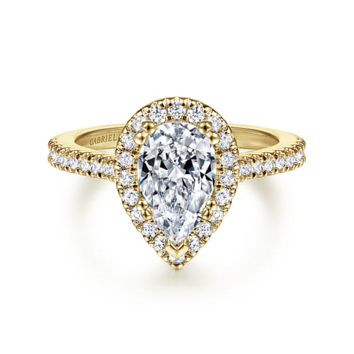 14K Yellow Gold Pear Shape Halo Diamond Engagement Ring