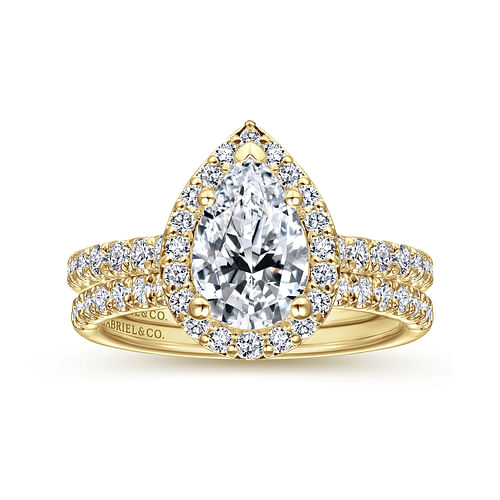 14K Yellow Gold Pear Shape Halo Diamond Engagement Ring