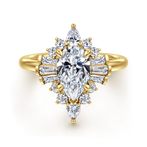 14K Yellow Gold Pear Shape Halo Diamond Engagement Ring