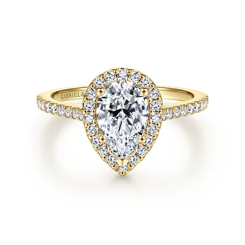 14K Yellow Gold Pear Shape Halo Diamond Engagement Ring