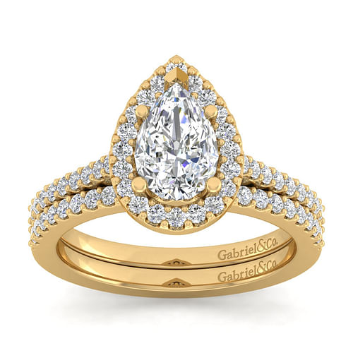 14K Yellow Gold Pear Shape Halo Diamond Engagement Ring