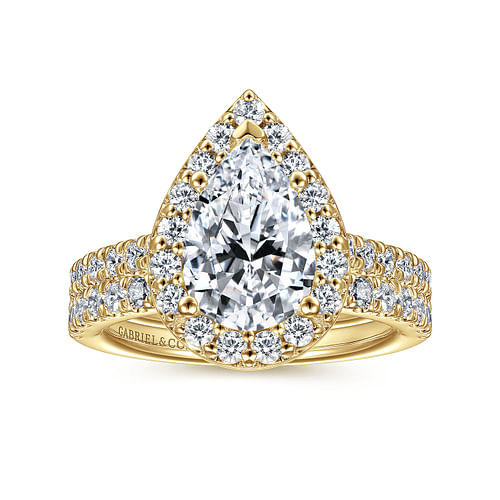 14K Yellow Gold Pear Shape Halo Diamond Engagement Ring