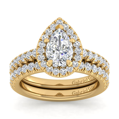 14K Yellow Gold Pear Shape Halo Diamond Engagement Ring